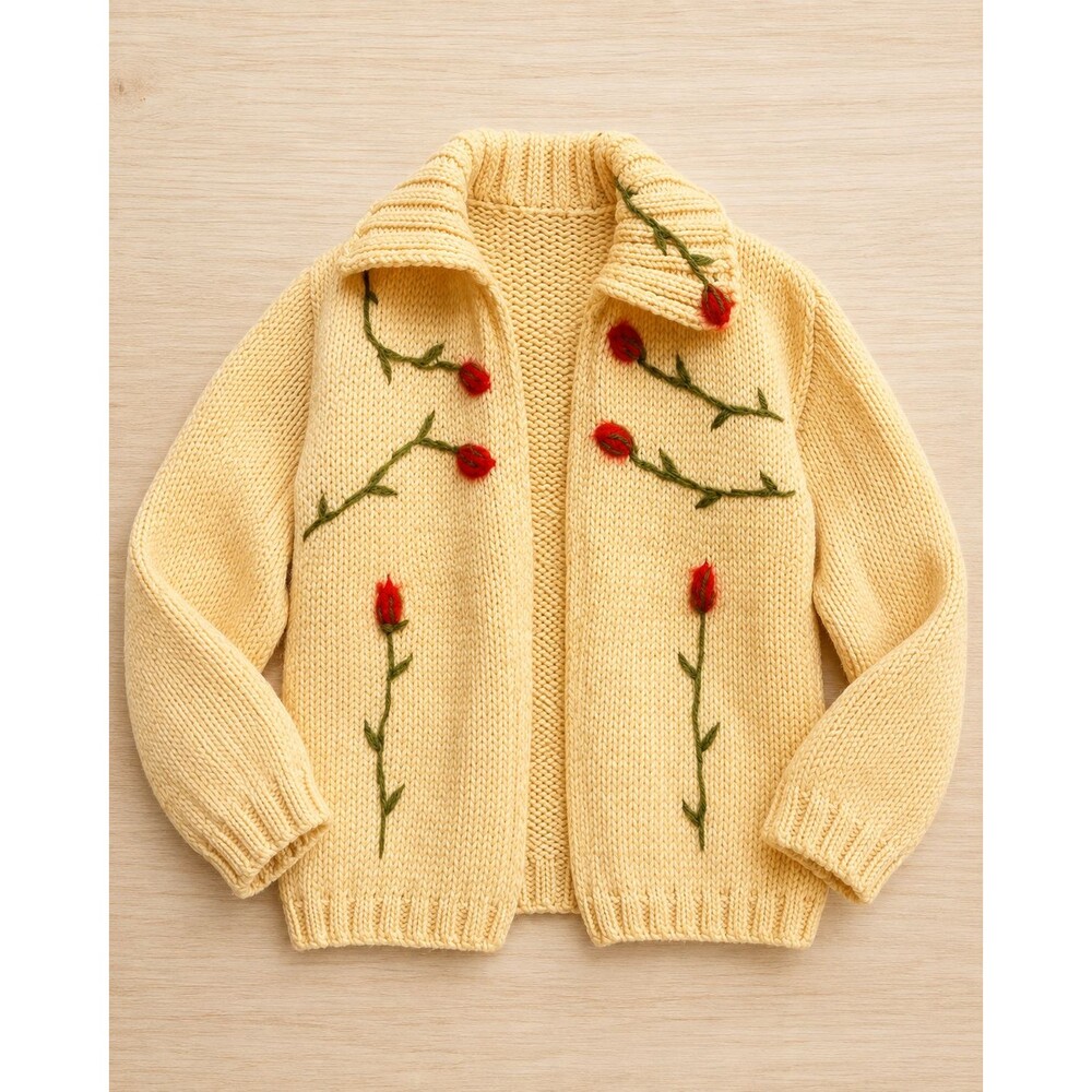 Cream Chunky Knit Cardigan Red Rose Floral Embroidered Shawl Collar Cottagecore - Picture 1 of 6